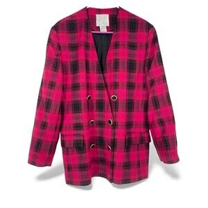VTG 90s Plaid Blazer Pink Boxy Preppy Clueless Grunge Double Breast Career Sz 16